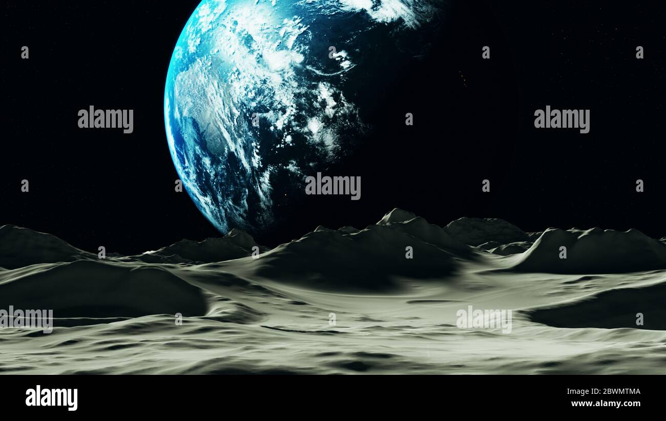 Pianeta Terra visto dal rendering 3d dell'illustrazione 3D di Luna Foto Stock