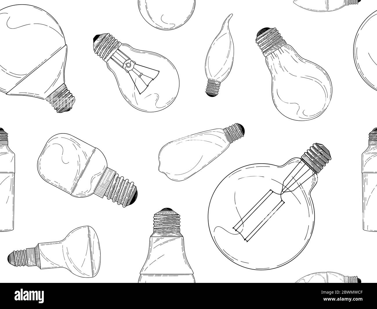 Schizzo di diverse lampadine isolate su sfondo bianco. Ripetizione senza giunture. Illustrazione vettoriale Illustrazione Vettoriale