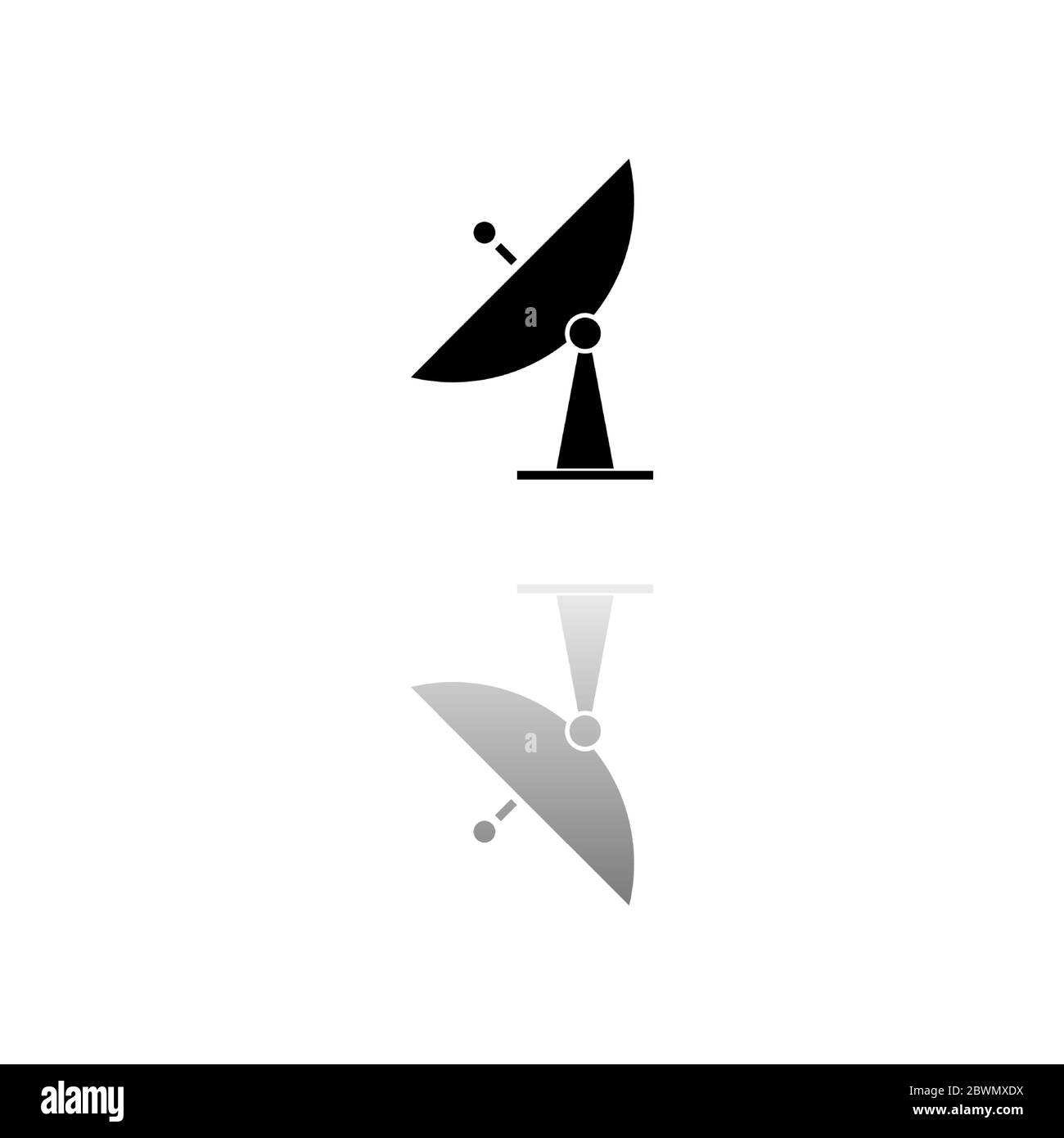 TV satellitare. Simbolo nero su sfondo bianco. Illustrazione semplice. Icona vettore piatto. Specchia ombra di riflessione. Può essere utilizzato in logo, Web, dispositivi mobili e. Illustrazione Vettoriale