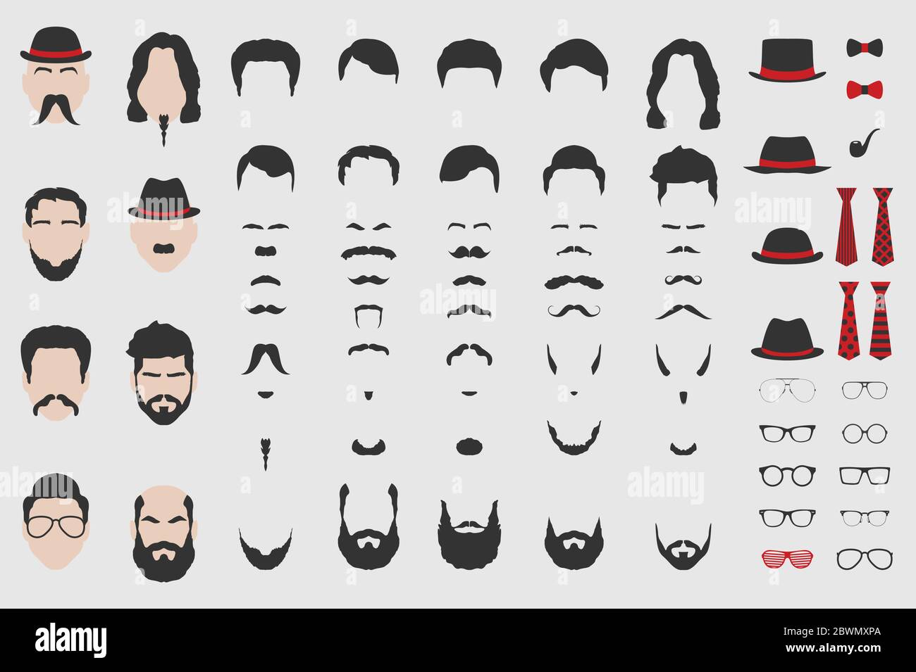 Diversi elementi vettoriali di design maschile viso, barba, baffi, capelli, cravatta e bicchieri. Illustrazione Vettoriale