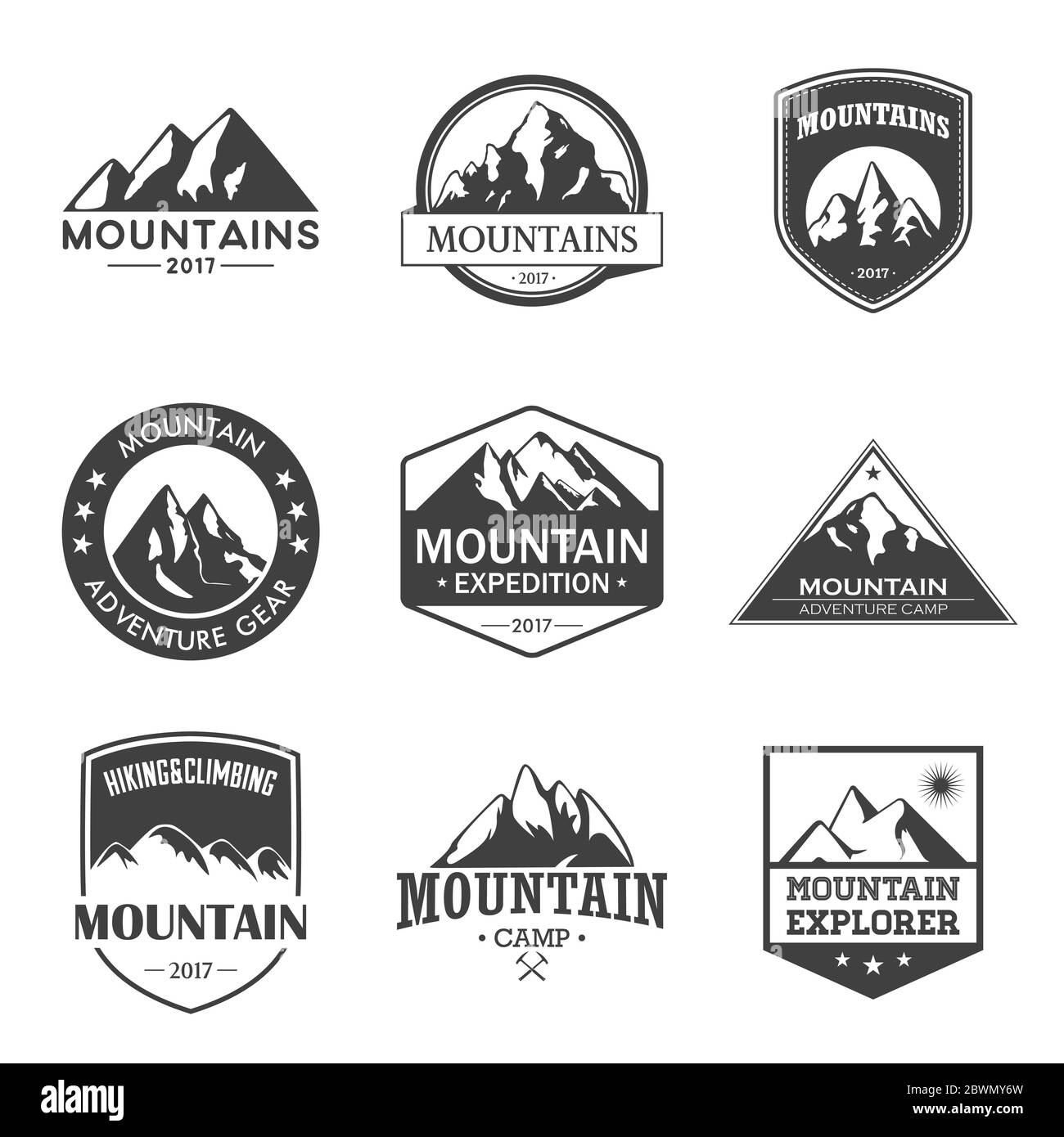 Set di logo per viaggi in montagna e avventure all'aperto. Etichette o icone per escursioni e arrampicate per organizzazioni turistiche, eventi, campeggio tempo libero. Illustrazione Vettoriale