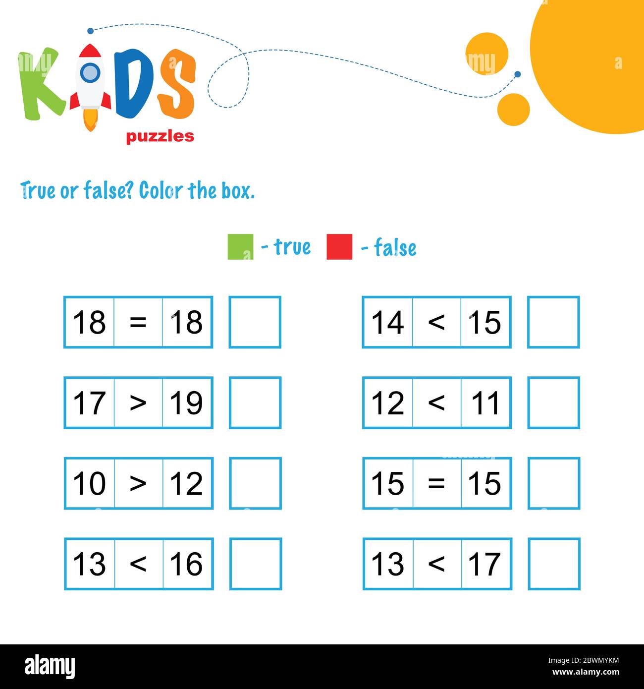 Foglio di lavoro matematico vero o falso. Foglio di lavoro confronto numeri. Facile foglio di lavoro, per bambini in età prescolare, elementare e media scuola. Illustrazione Vettoriale