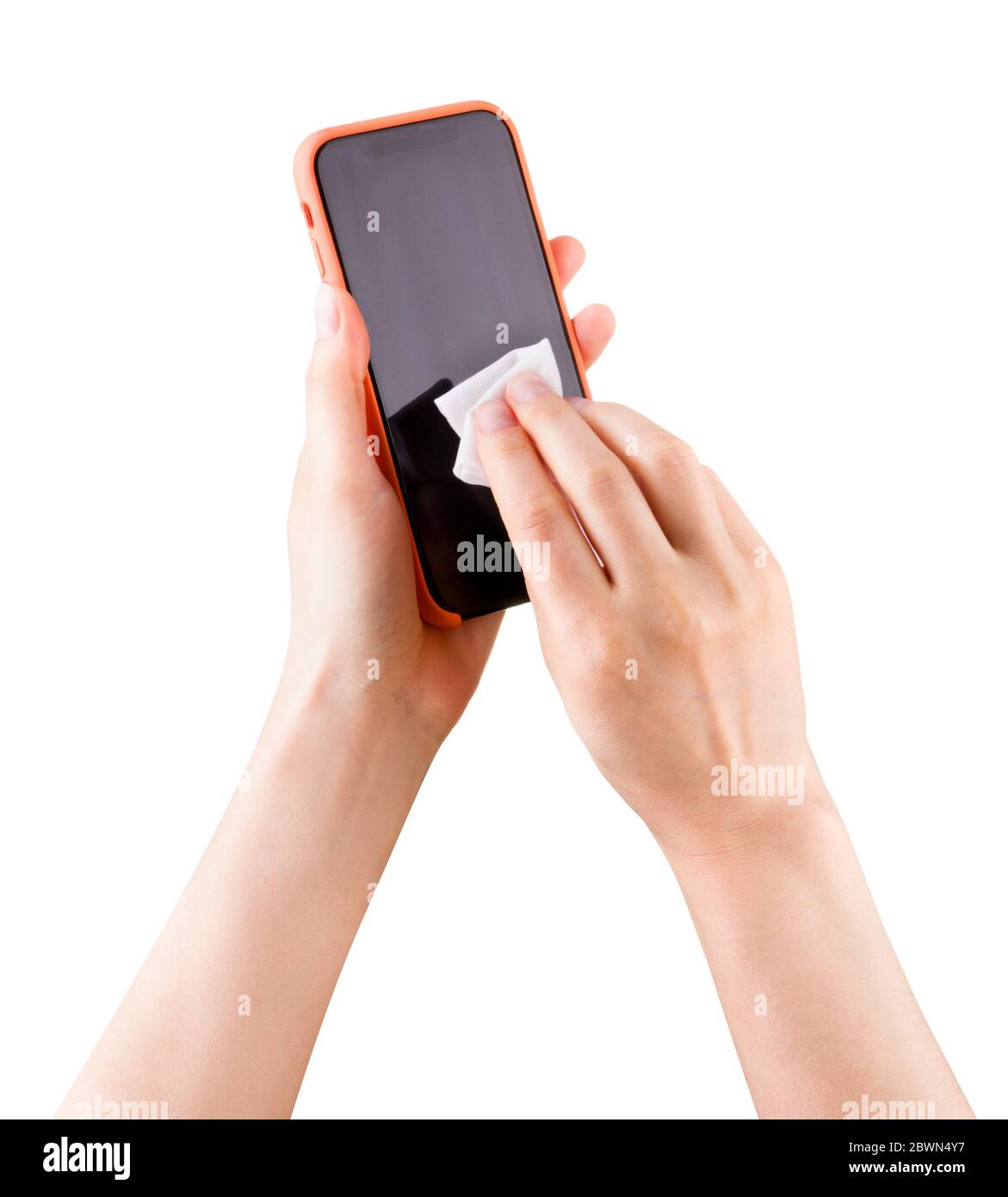 Donna mano telefono cellulare pulito da wet wipe isolato su sfondo bianco Foto Stock
