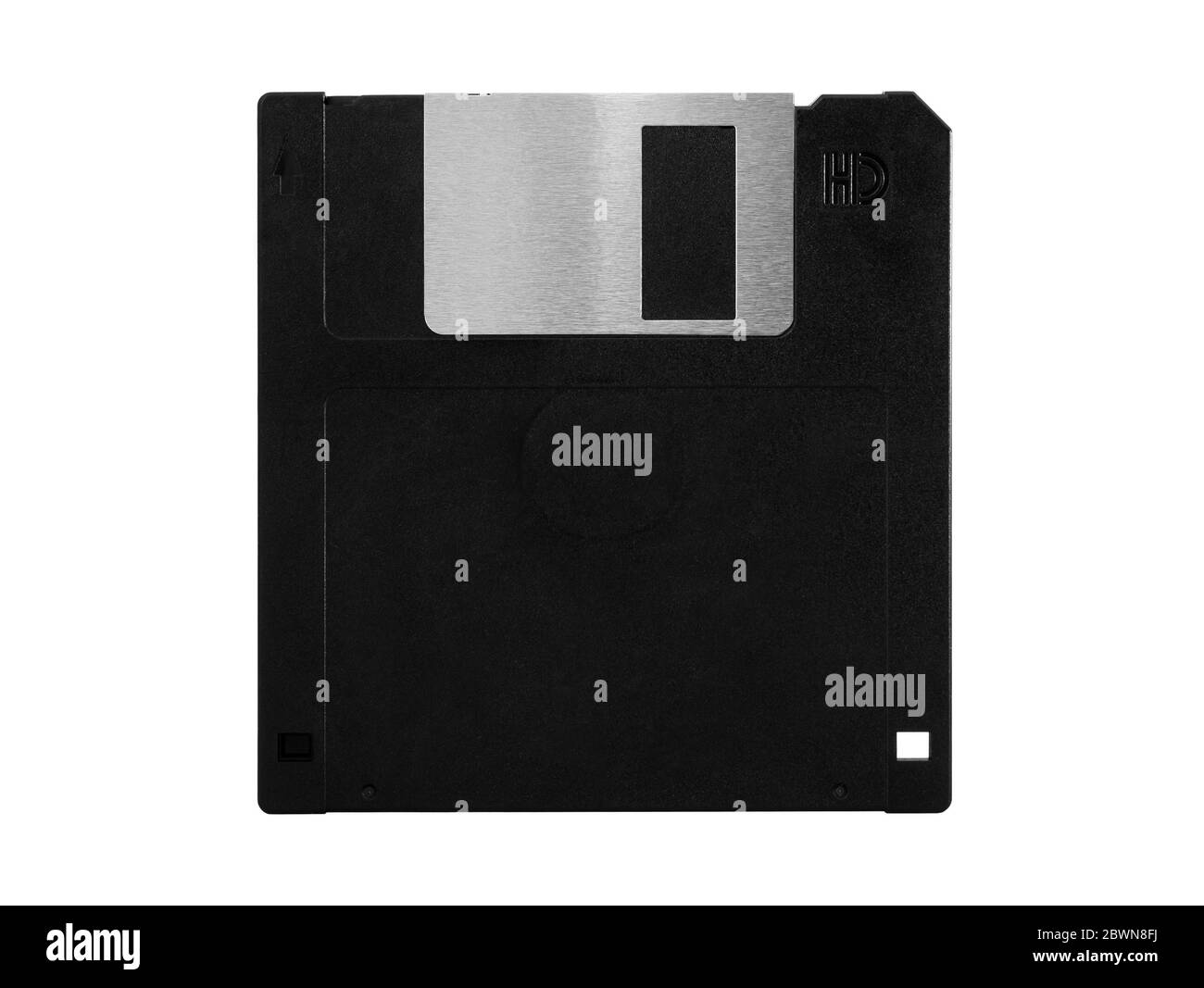 Disco floppy del vecchio computer, dischetto nero, senza etichetta, isolato su sfondo bianco Foto Stock