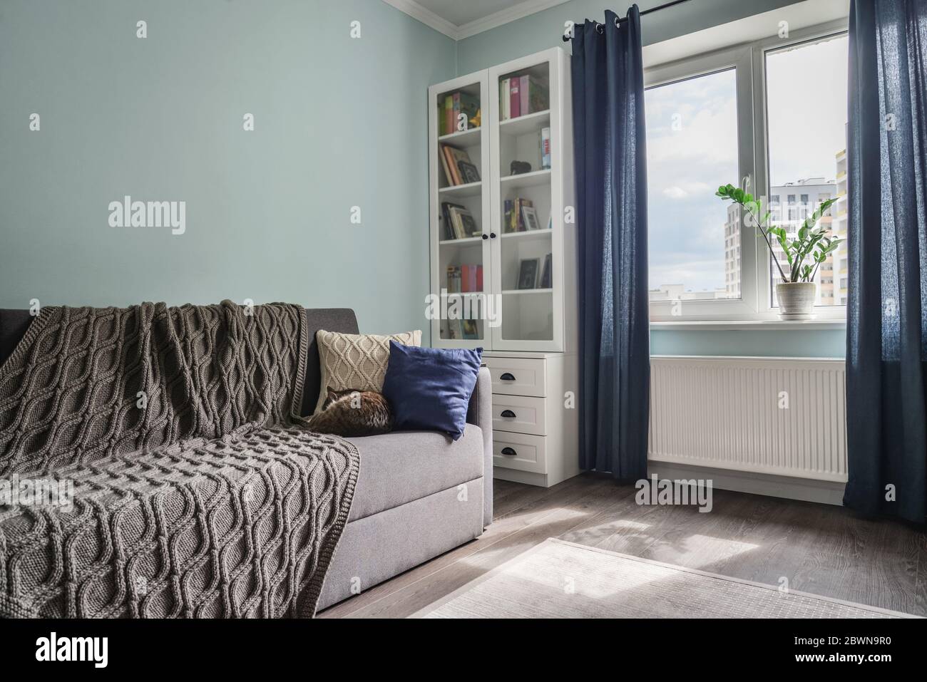 Accogliente e luminosa camera teen con librerie bianche, divano grigio e pareti blu Foto Stock