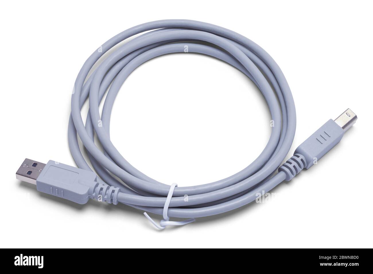 Cavo grigio per stampante per computer isolato su sfondo bianco. Foto Stock