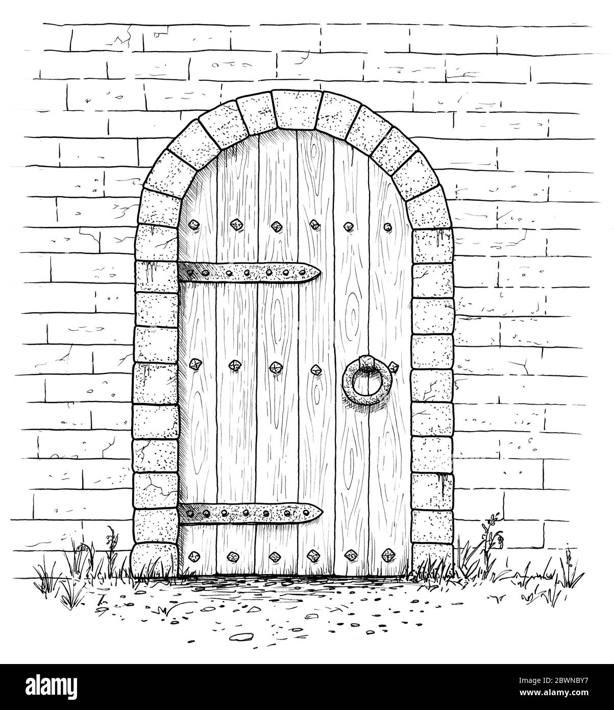 Disegno di una vecchia porta mediale in pietra Foto stock - Alamy