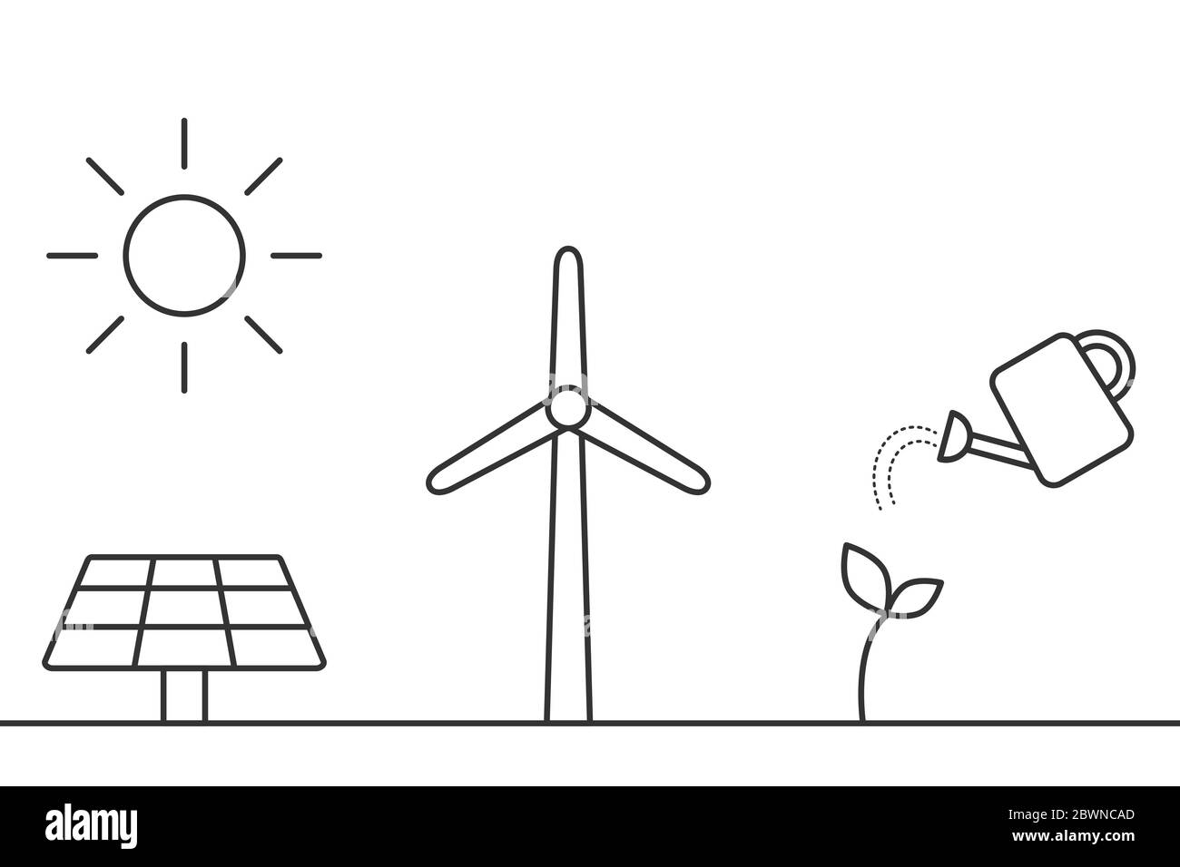 Pannello solare, turbina eolica, icone linea biocarburante. Fonti energetiche alternative e sostenibili. Pratiche eco-compatibili per le energie rinnovabili. Contorno nero Illustrazione Vettoriale