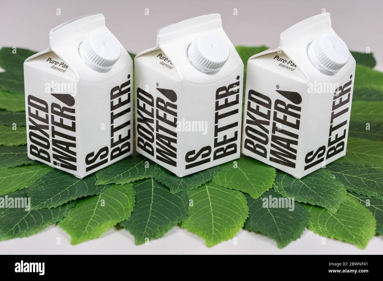 Worcester, PA - 29 maggio 2020: 'Acqua in scatola è migliore' è lo slogan su queste scatole di acqua purificata dalla società di acqua in scatola che usa la carta per Foto Stock