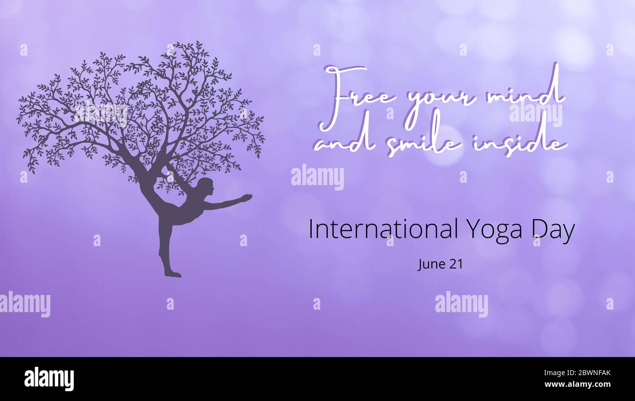 Illustrazione di una donna che fa l'esercitazione. Sfondo, scheda o disegno. Copia spazio.Related to Yoga International Day. Fitness, esercizio fisico, meditazione, healt Foto Stock