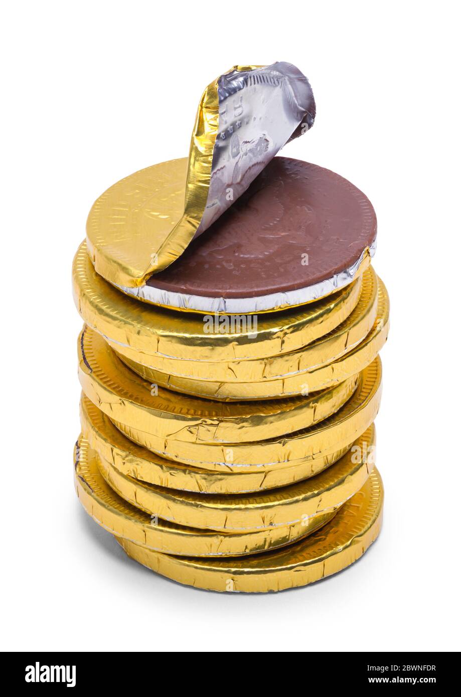 Apri pila di cioccolato in oro isolato su bianco. Foto Stock