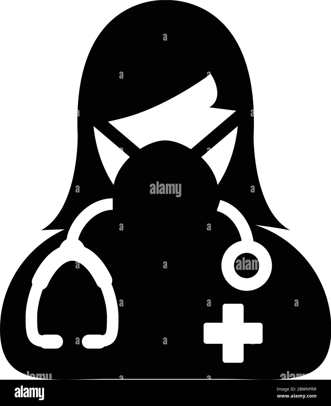 Icona del medico vettore con maschera chirurgica viso femmina profilo persona simbolo avatar con stetoscopio per la consultazione medica in pittogramma Glyph Illustrazione Vettoriale