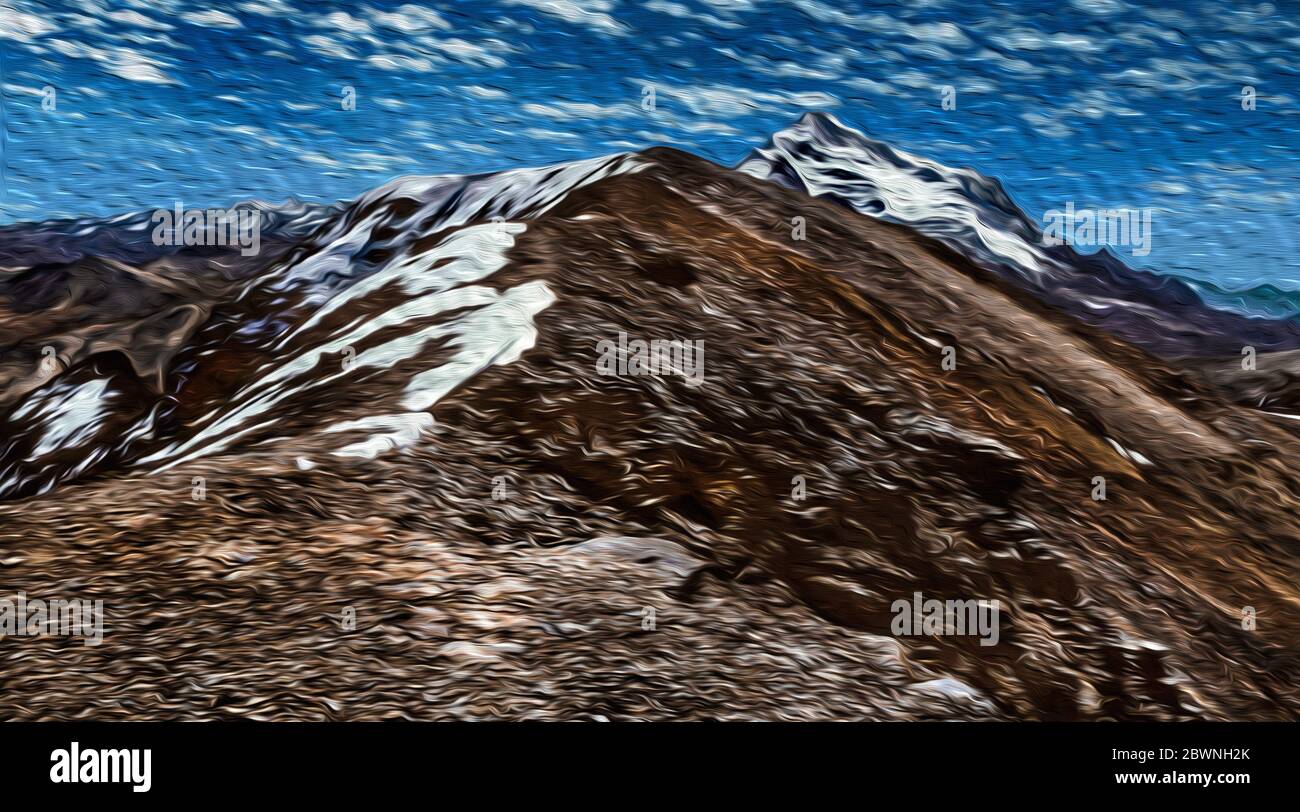 Rocce e neve sulla cima Chacaltaya Peak nel mezzo della catena montuosa della Cordillera Real. Vicino a la Paz, sull'altopiano andino della Bolivia. Foto Stock