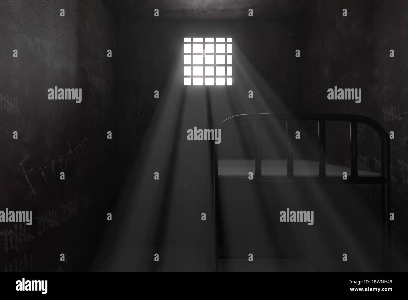 rappresentazione 3d di cella di prigione grunge con letto a castello e raggio di luce della finestra Foto Stock