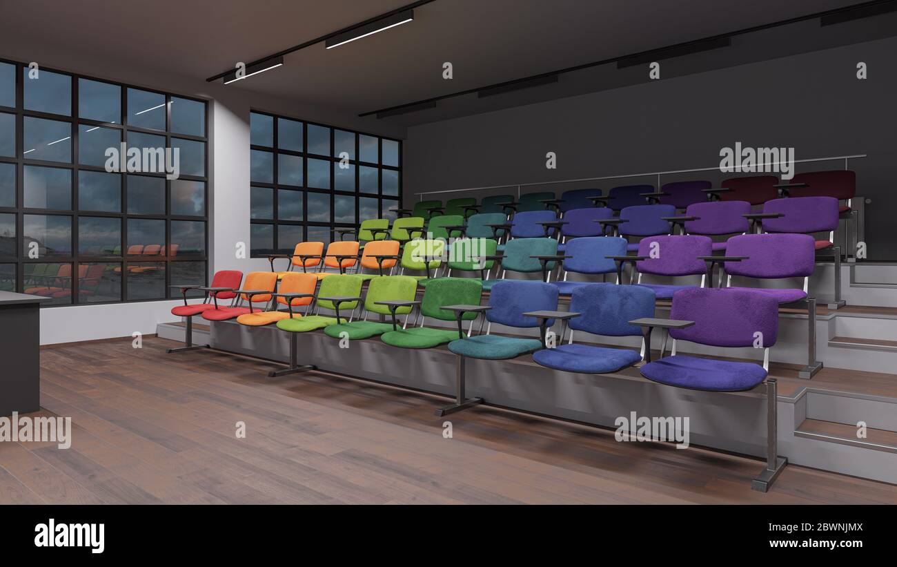 Sedili multicolore all'interno di una sala conferenze illuminata con rendering 3D Foto Stock