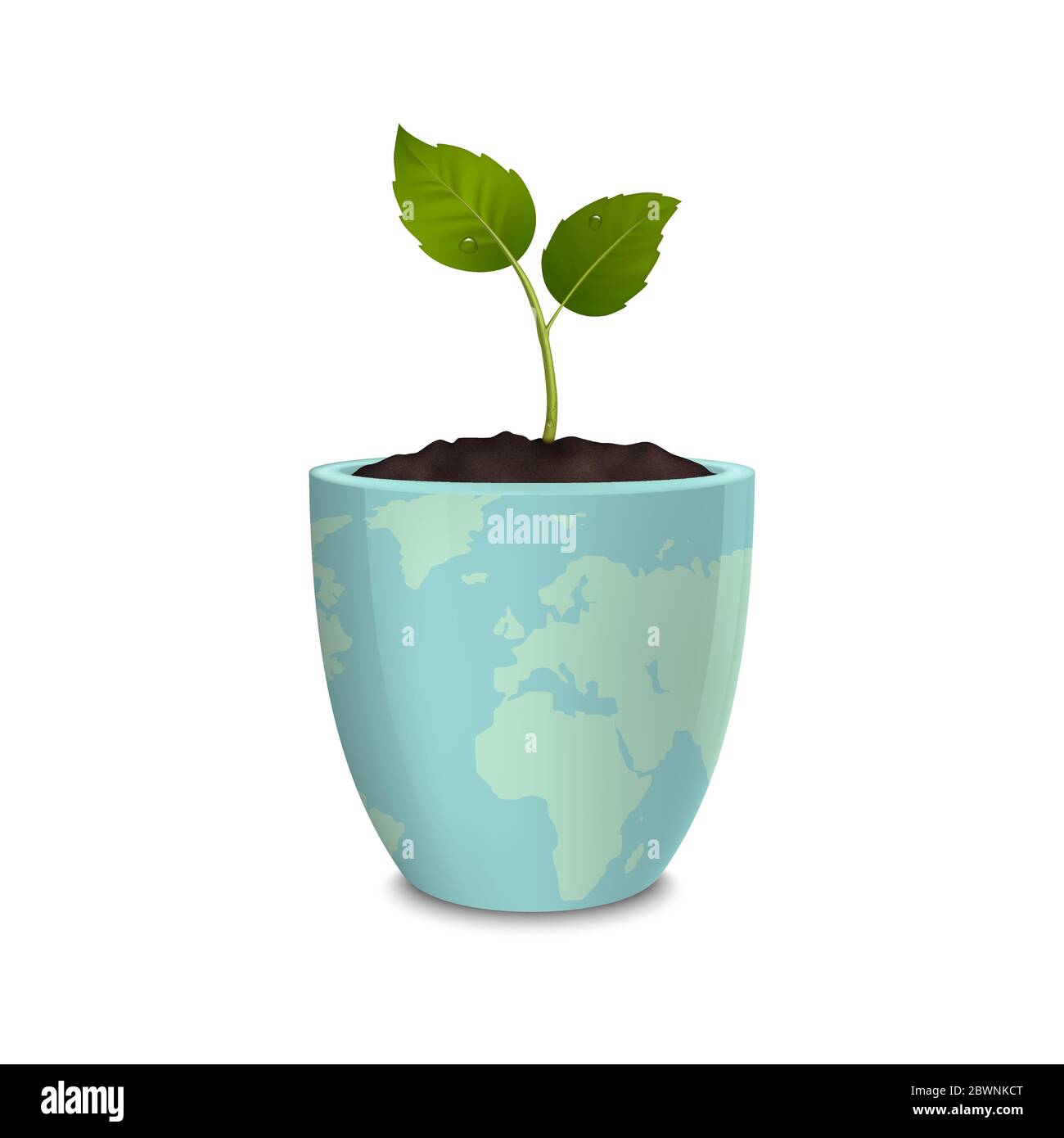 Concetto di ecologia. Giornata della Terra, giornata mondiale degli ambientisti, giorno della Terra o giorno verde. Sfondo vettoriale con germoglio in un vaso di fiori con una stampa della Terra Illustrazione Vettoriale