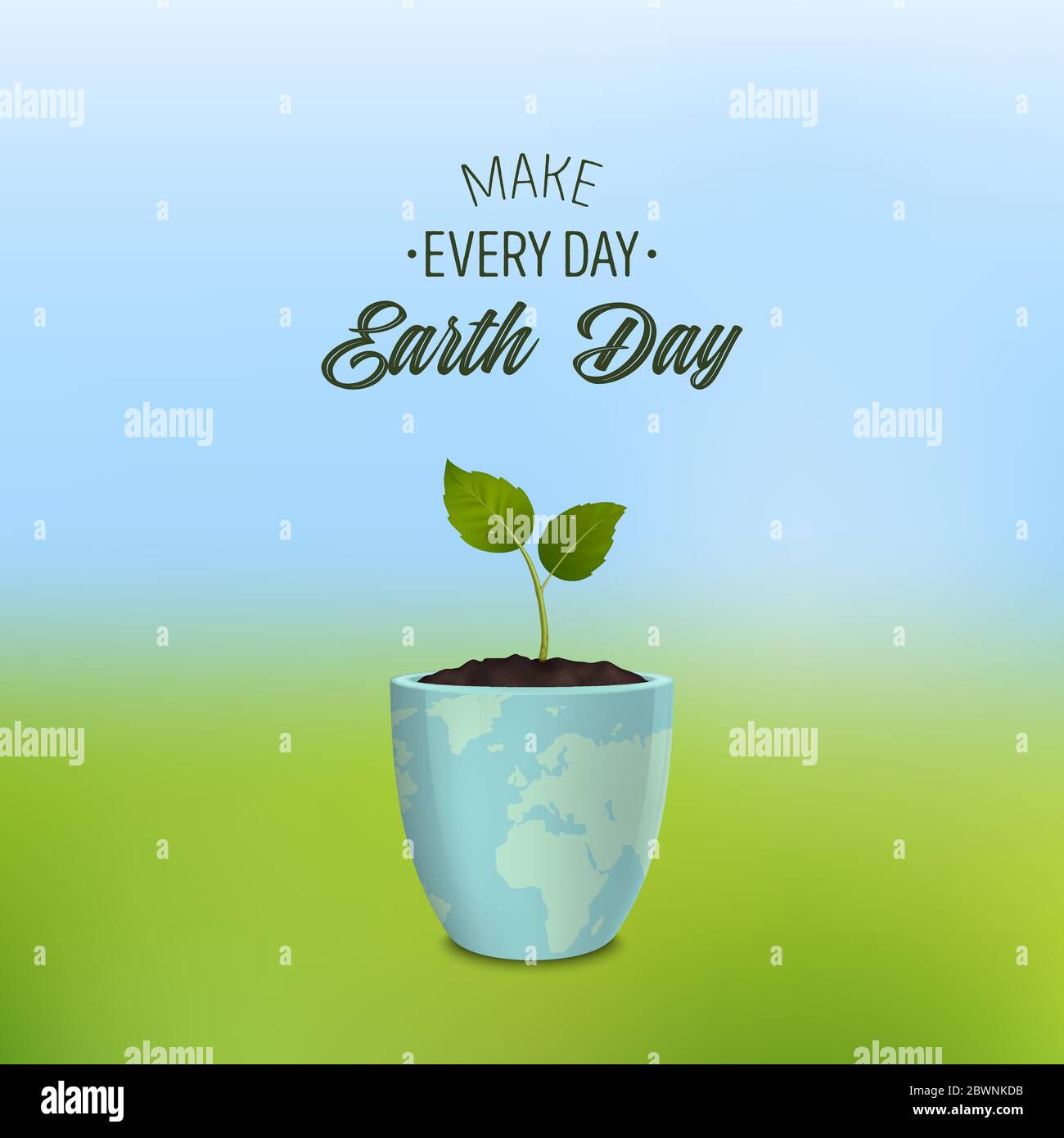 Fare ogni giorno Earth Day - sfondo con citazione. Concetto di ecologia. Giorno della Terra, salvare la Terra o giorno verde. Banner vettoriale con germoglio in un vaso di fiori Illustrazione Vettoriale