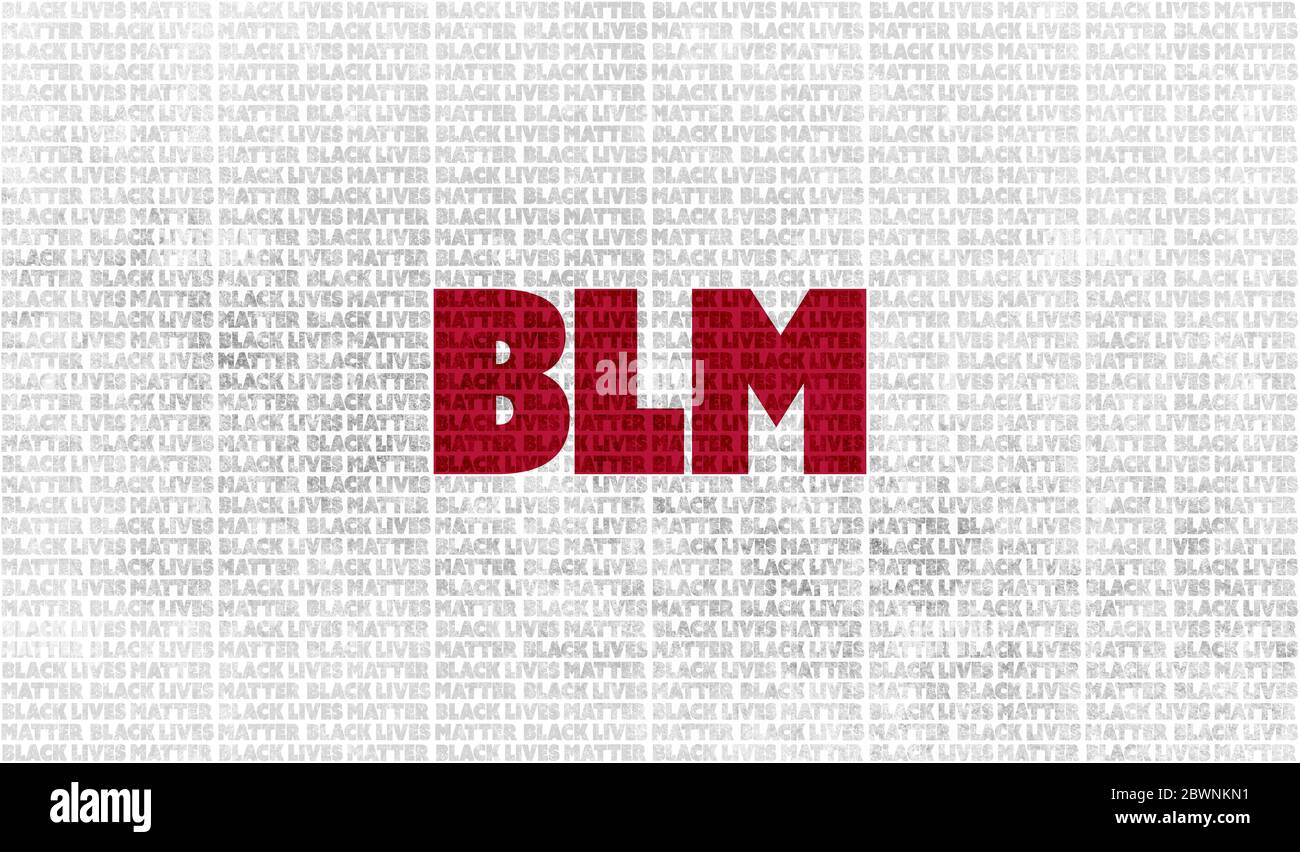 Un'illustrazione grafica di sfondo di colore bianco e rosso Black Lives Matter (BLM) con BLM al centro per aumentare la consapevolezza circa la disuguaglianza razziale. po Foto Stock