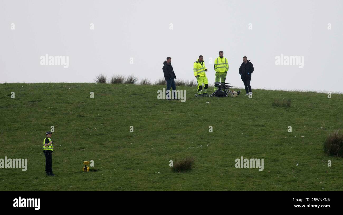 Kilmacolm, Scozia, 2 giugno 2020 il pilota di un parapendio motorizzato che si è schiantato in una collina a Inverclyde è morto. La polizia scozzese ha detto che l'uomo di 77 anni è stato pronunciato morto sulla scena dopo che l'aereo è scesi tra Greenock e Kilmacolm. Foto Stock