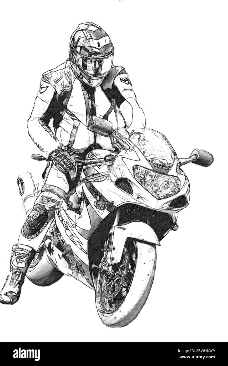 Il motociclista va su strada, vista laterale, closeup. Foto Stock