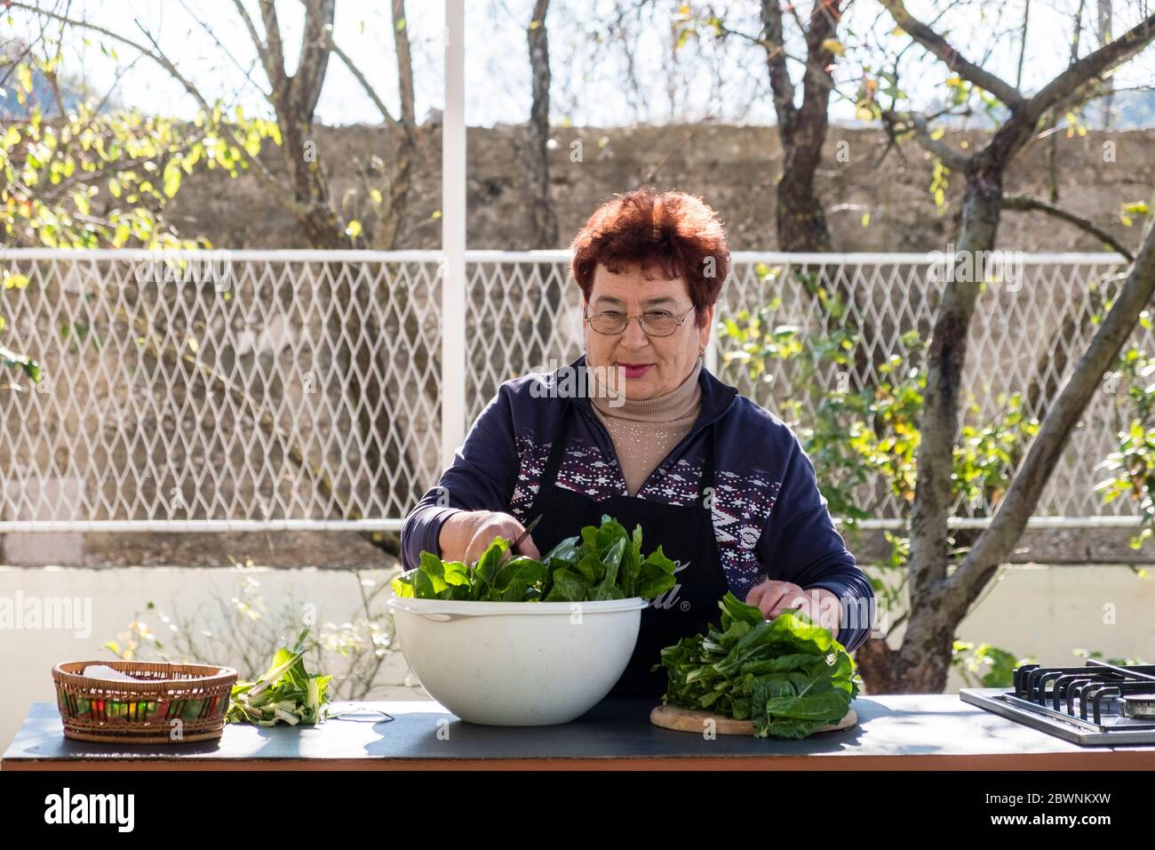 Donna dalmata che insegna come fare Sarma nella sua scuola di cucina all'aperto, l'entroterra dalmata, Croazia Foto Stock
