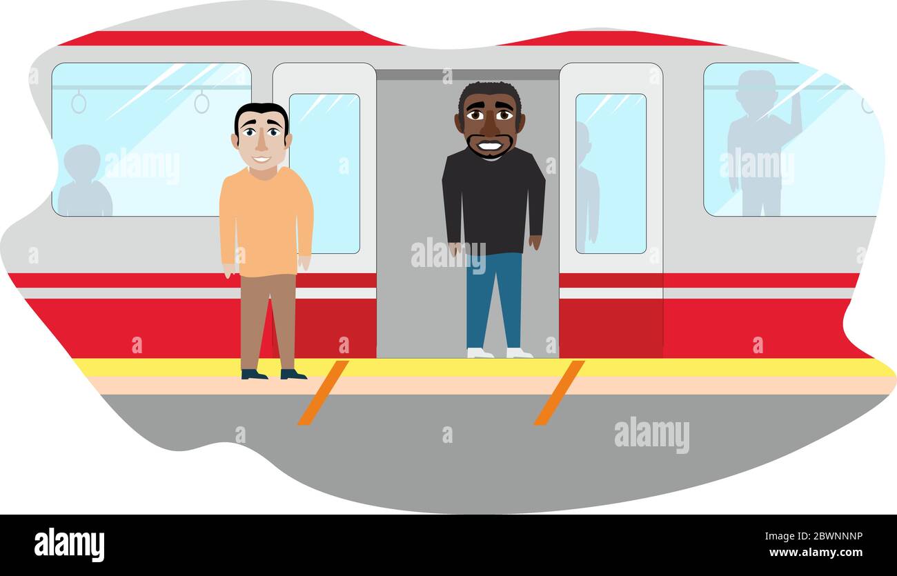 Uomo in attesa alla stazione della metropolitana. Uomini di nazionalità diversa entrano ed escono dal treno della metropolitana. Distanza della metropolitana. Vettore, illustrazione. Illustrazione Vettoriale