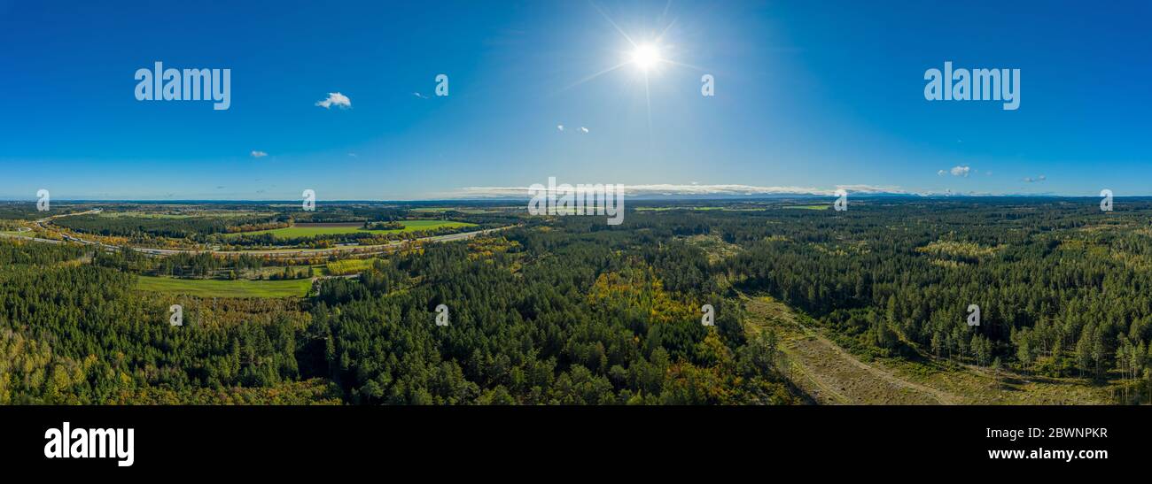 Vista dall'alto della foresta con un Autobahn tedesco sullo sfondo. Foto Stock