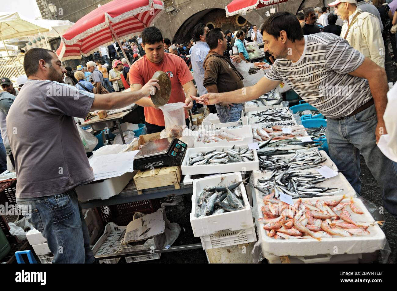 Pescivendoli alla Pescheria (mercato del pesce) di Catania, Sicilia, Italia Foto Stock