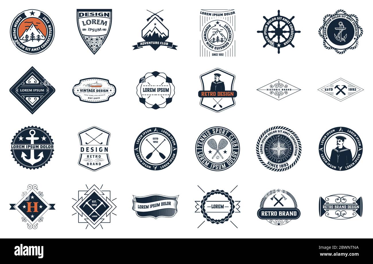 Set di logotipi e insegne d'epoca. Elementi di progettazione vettoriali, logo, identità, oggetti, etichette e badge. Illustrazione Vettoriale