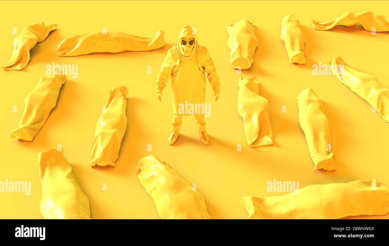 Giallo Corona Virus Hazmat NBC Suit maschera di gas con Body Bags Caverse Pouch umana rimane 3d illustrazione rendering Foto Stock