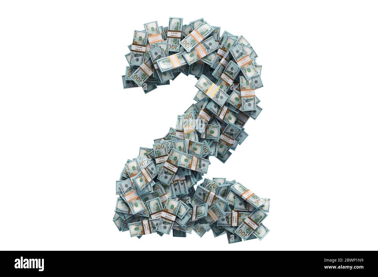 Numero 2 da confezioni in dollari. Rendering 3D isolato su sfondo bianco Foto Stock