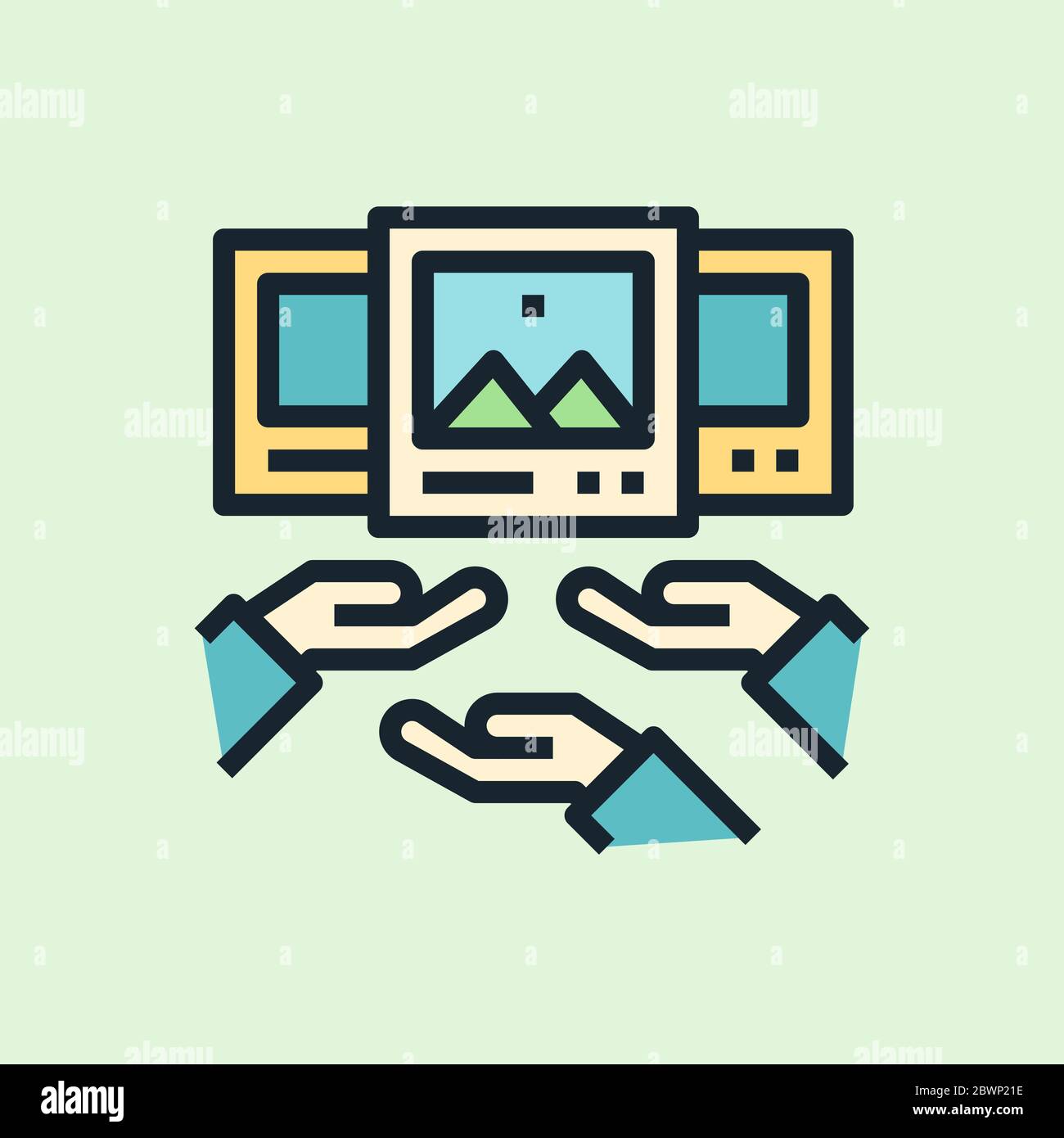 Contenuti crowdsourced. Illustrazione del concetto di marketing digitale, banner stile lineare dal design piatto. Utilizzo per newsletter e-mail, intestazioni, post di blog.... Illustrazione Vettoriale
