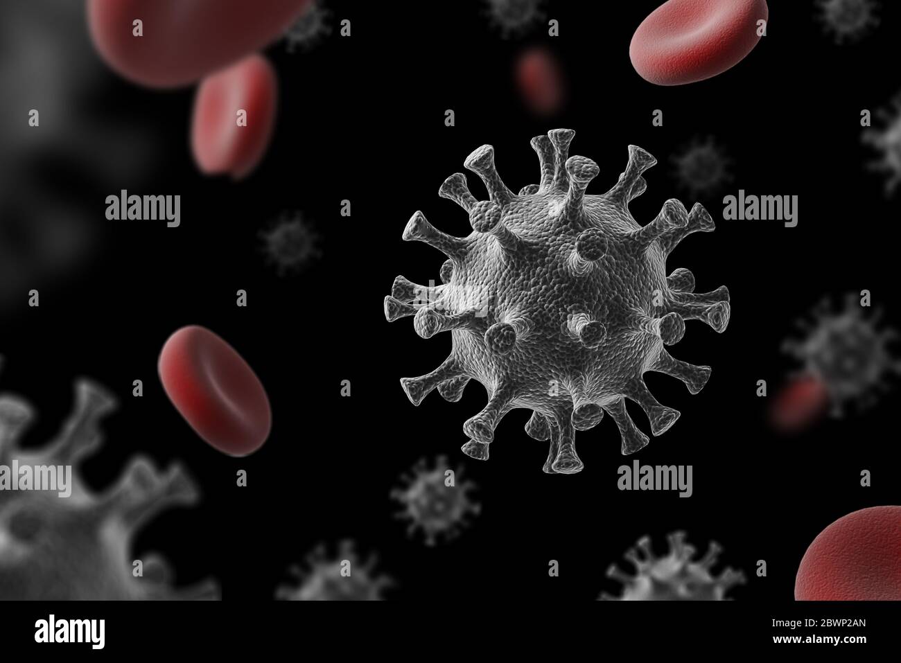 Primo piano del virus del microscopio coronavirus 2019-nCov. rendering 3d. Foto Stock