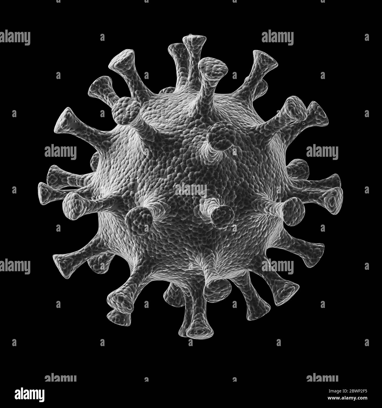 Primo piano del virus del microscopio coronavirus 2019-nCov. rendering 3d. Foto Stock