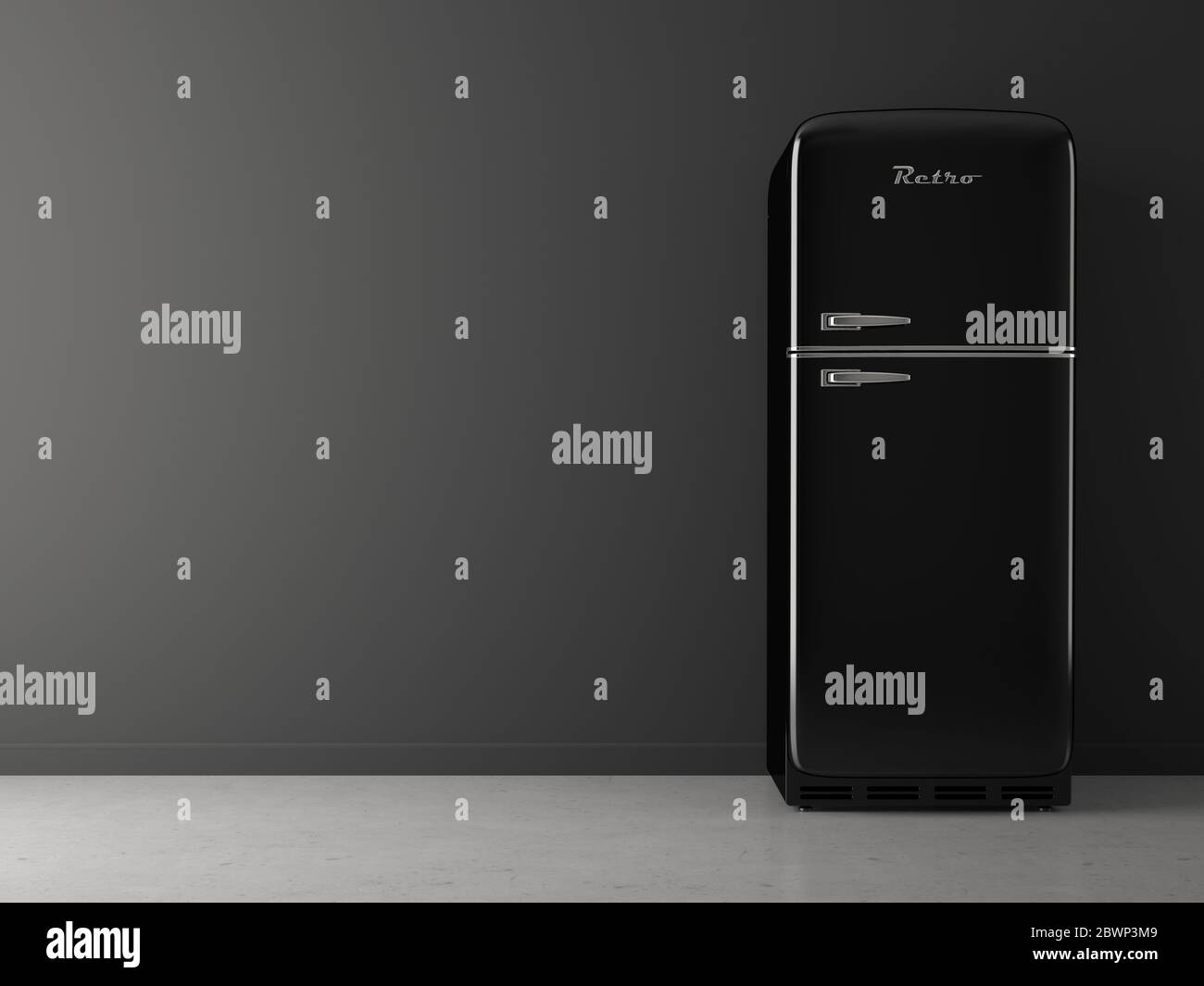 Interno nero con frigorifero nero illustrazione 3D Foto Stock