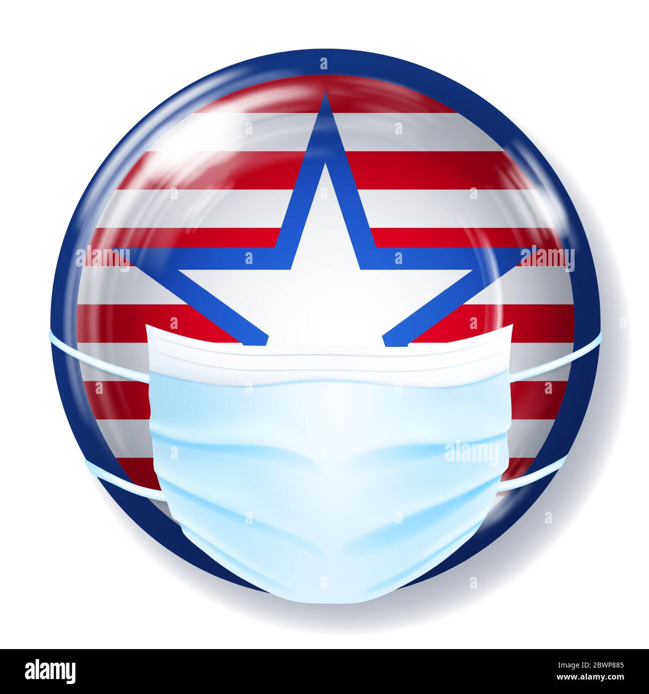 Bottone rotondo in vetro nei colori della bandiera degli Stati Uniti con una maschera medica monouso per la protezione del coronavirus Illustrazione Vettoriale