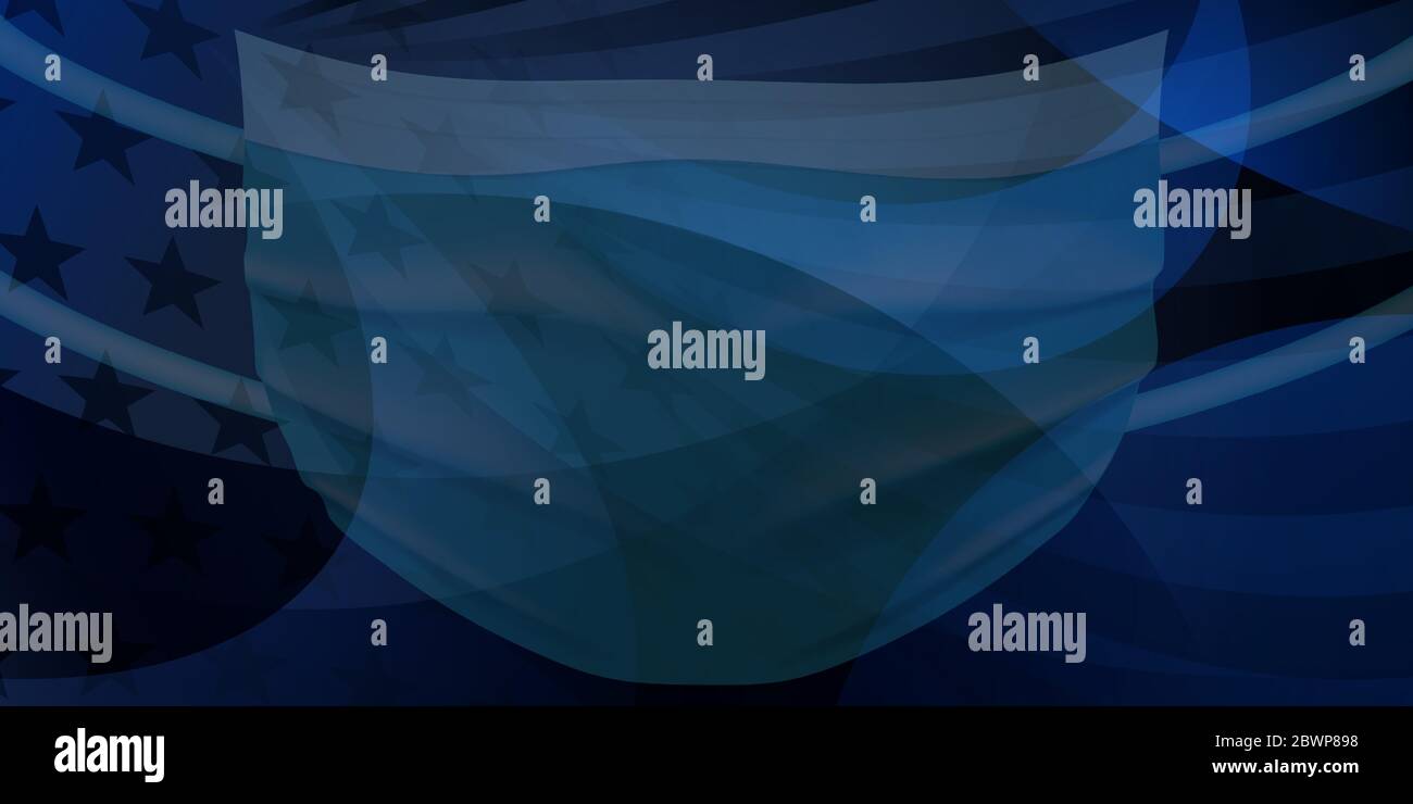 Bandiera americana con maschera medica monouso per la protezione del coronavirus nei colori blu scuro Illustrazione Vettoriale
