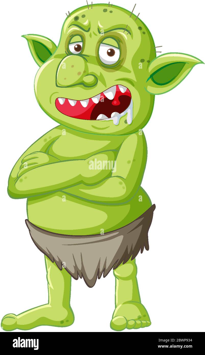 Goblin verde o troll in piedi posa con rabbia faccia in cartoon personaggio isolato illustrazione Illustrazione Vettoriale