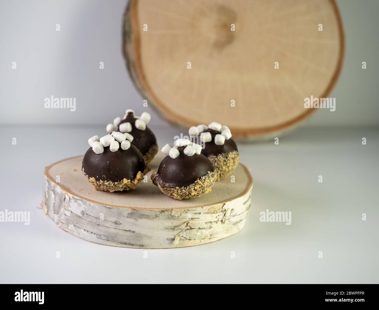 Le palle da torta s’MORS decorate con mini marshmallow e cracker di graham schiacciati seduti su un pezzo di legno con più legno sullo sfondo. Foto Stock