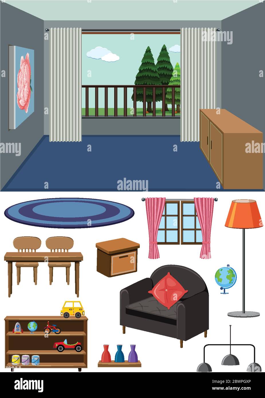 Sfondo di stanza vuota e set di illustrazione di mobili Illustrazione Vettoriale