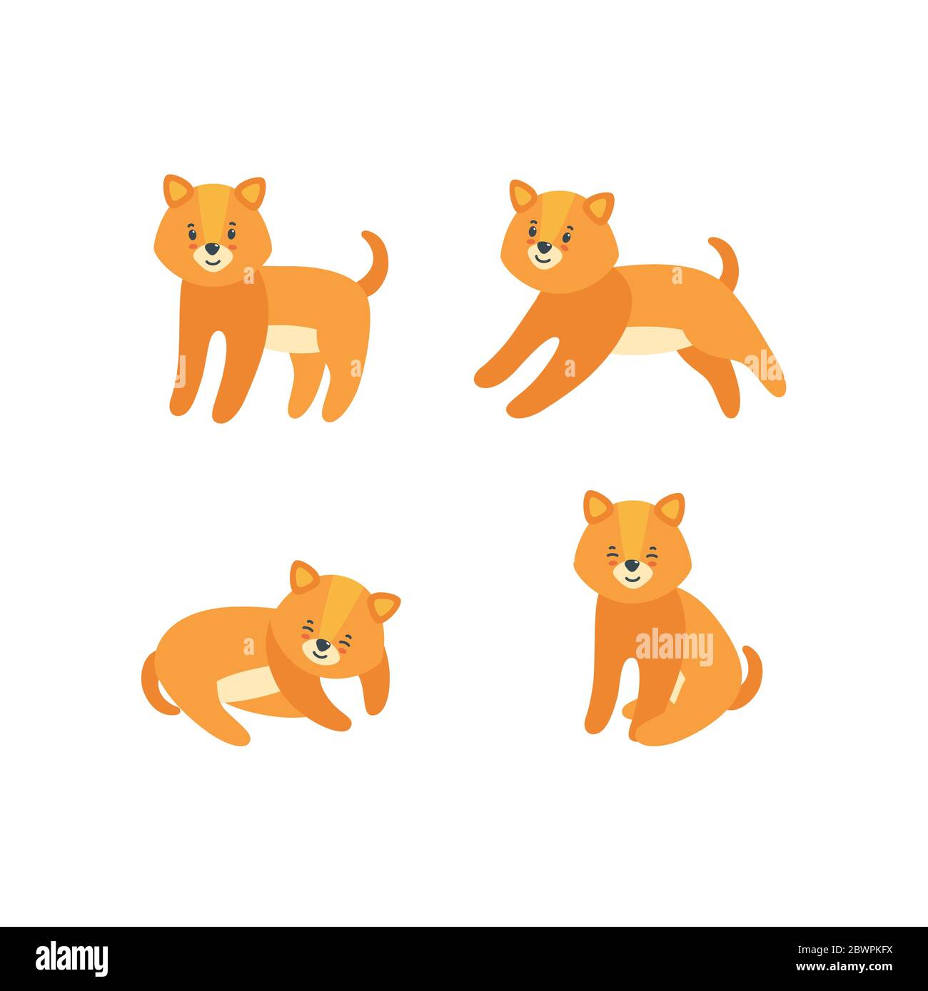 Set di quattro cani carini. Bel carattere cucciolo per varie stampe e disegni. Illustrazione vettoriale in stile piatto Illustrazione Vettoriale