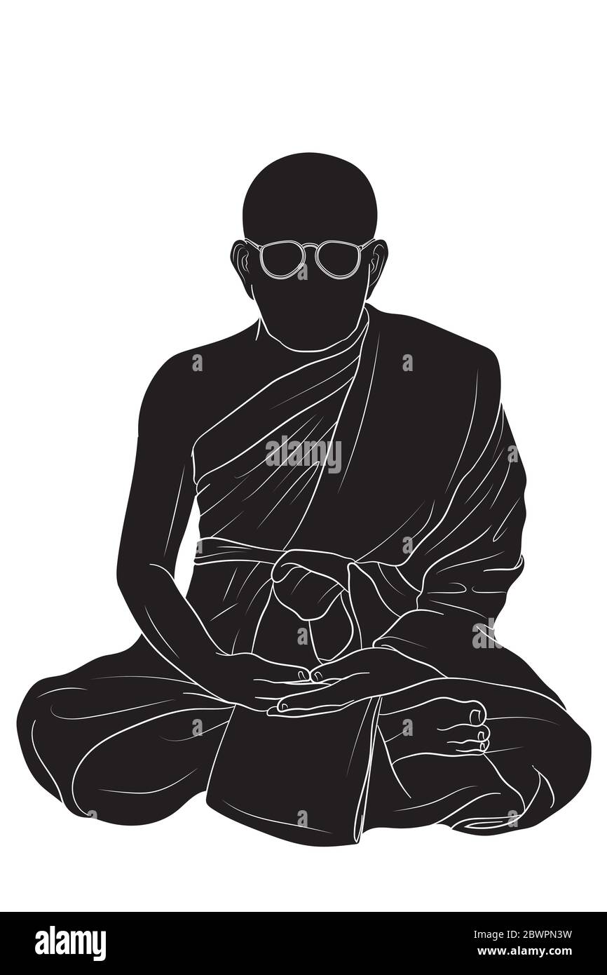 Illustrazione vettoriale EPS 10 silhouette monaco con occhiali sul viso in Buddha religione meditare a terra. Illustrazione Vettoriale