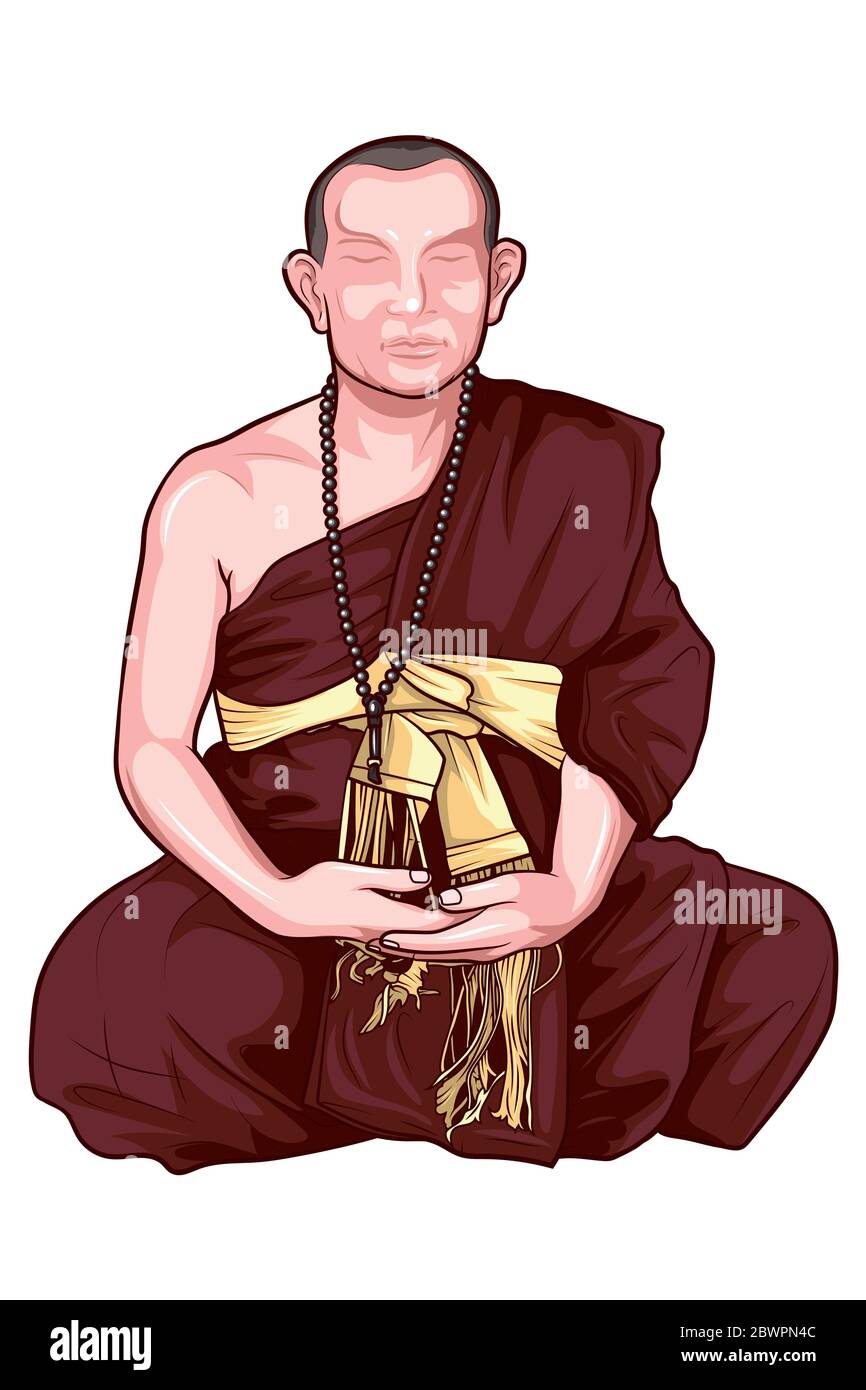 Illustrazione vettoriale EPS 10 monaco nella religione Buddha. Chiudete gli occhi e meditate a terra. Illustrazione Vettoriale