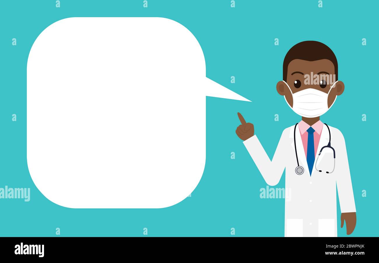 Cartoon uomo nero medico indossando maschera protettiva e puntando il dito con una bolla di parola Illustrazione Vettoriale