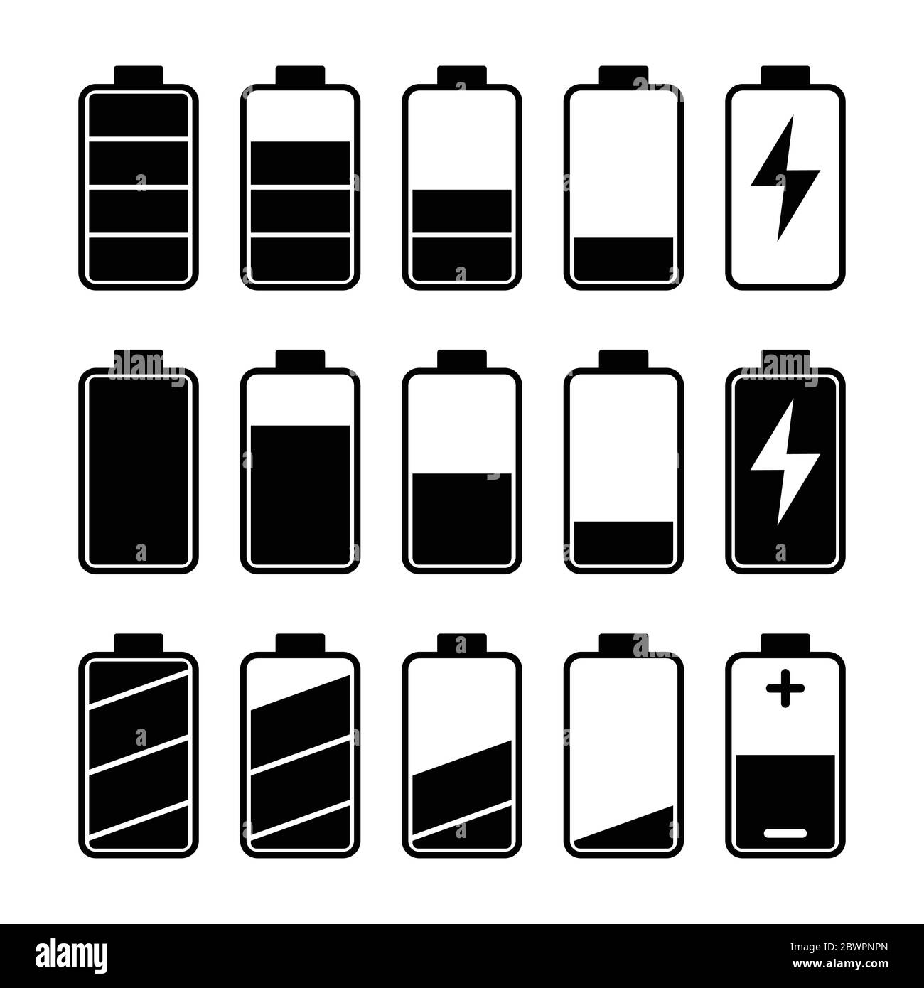 Insieme di icone degli indicatori del livello della batteria Illustrazione Vettoriale