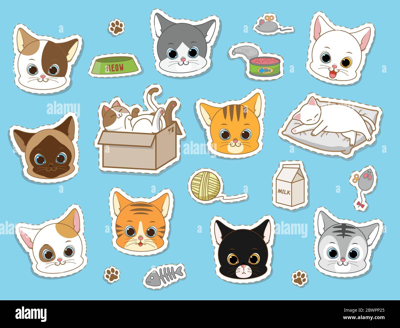 Carino set di adesivi gatto, cartoon doodles illustrazione vettoriale Illustrazione Vettoriale