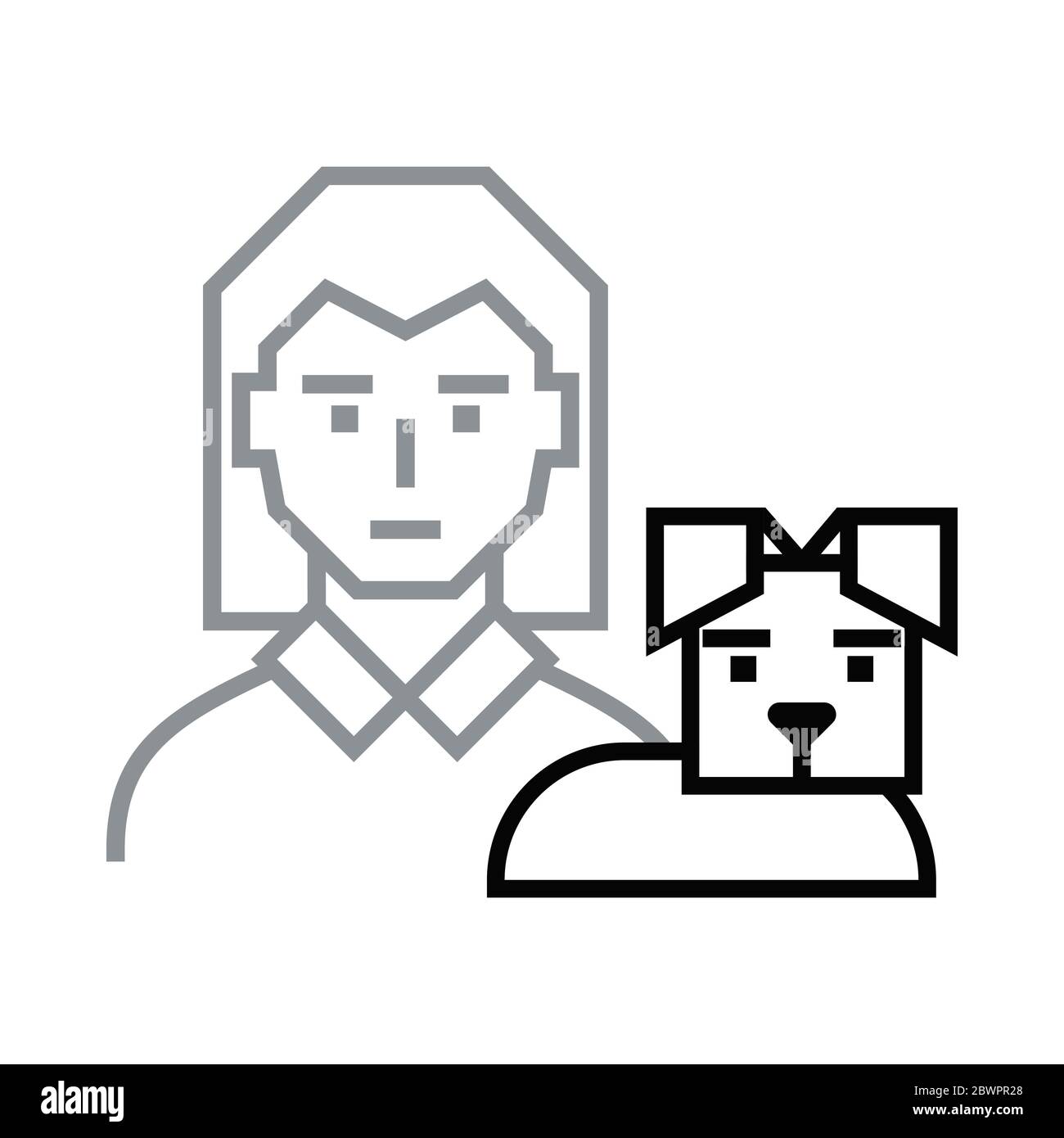 Icona donna con cane. Può adattarsi a concetti diversi. Modello di design per negozi di animali domestici, cliniche veterinarie e badge per siti web e stampe Illustrazione Vettoriale