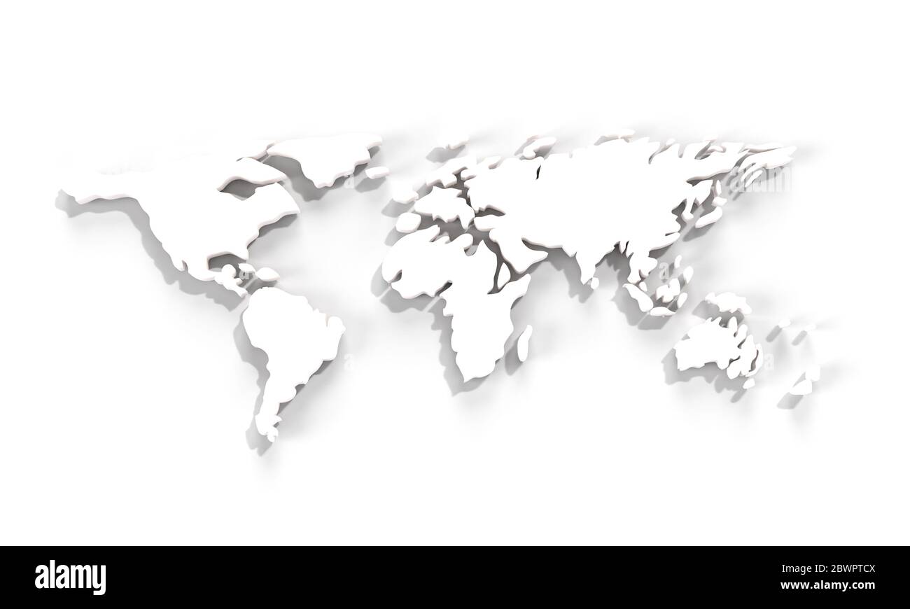 Terra bianca. Mappa dei paesi del mondo. Mappa 3D. Mappa orizzontale del mondo. Isolato su sfondo bianco. illustrazione del rendering 3d. Foto Stock