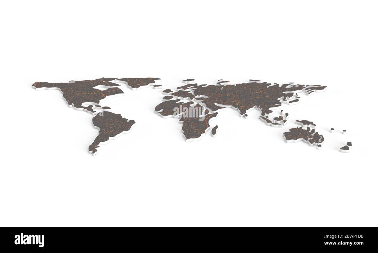 Massa marrone. Mappa dei paesi del mondo. Mappa 3D. Mappa orizzontale del mondo. Isolato su sfondo bianco. illustrazione del rendering 3d. Foto Stock