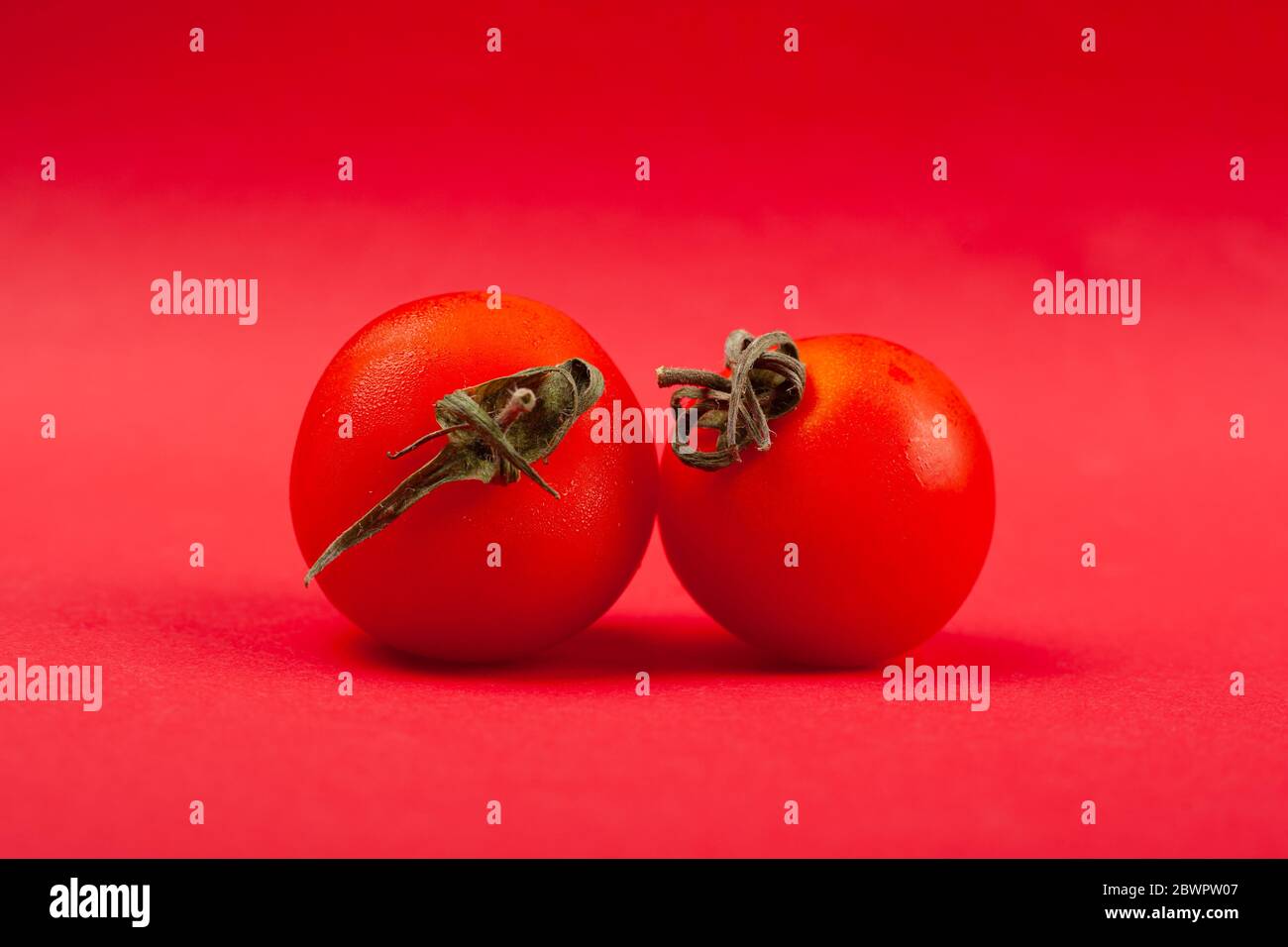 due piccoli pomodori rossi da vicino su sfondo rosso. Foto Stock